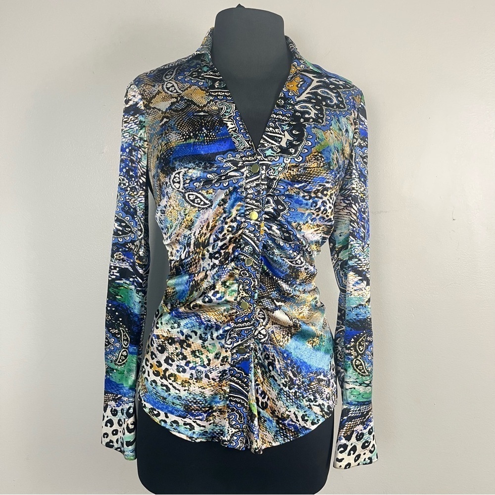True vintage late 90s/ 2000s silk abstract pattern ruched button up Cache size s
